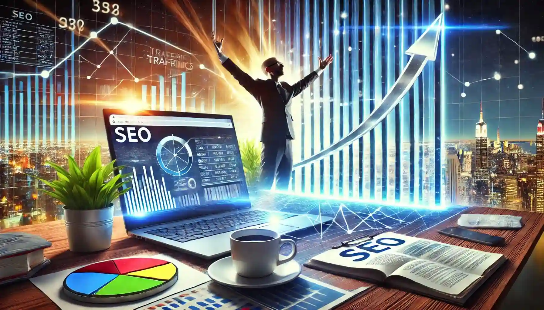 Agencia SEO ▶️ Mejora tu Visibilidad en Google Ahora 1 daweb DALL·E 2024 08 26 18.08.43 A panoramic image representing the positive impact of SEO on a business. The image features a graph with a sharp upward trend symbolizing growth disp