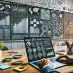 daweb DALL·E 2024 08 26 18.09.35 A panoramic image representing an SEO audit. The scene shows an analyst carefully reviewing a website on a laptop with performance graphs SEO checkl